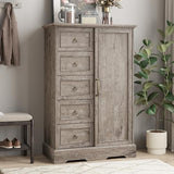 Vabches Farmhouse Dresser Storage Cabinet Chest of Drawer for Bedroom, 5 Drawer Dresser with Sliding Barn Door, 48" Tall Wood Rustic Dresser for Bedroom, Living Room, Entryway, Hallway, Washed Grey Vabches