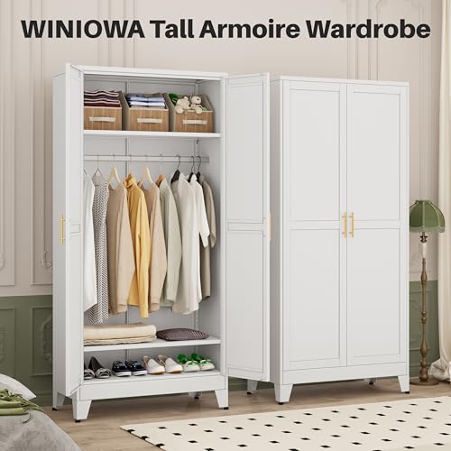 winiowa White Wardrobe Closet with 2 Doors, 71" Tall Metal Clothing Storage Cabine with Hanging Rod, Bedroom Armoires with Adjustable Shelves for Bedroom, Laundry Room, Home Office winiowa