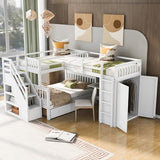 Merax L-Shaped Triple Bunk Bed with Desk & Stairs, Twin & Twin Over Full Bunk Bed for 3, Storage Drawers and Wardrobe Included, for Adults, Boys & Girls, White Merax
