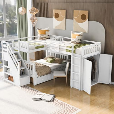 Merax L-Shaped Triple Bunk Bed with Desk & Stairs, Twin & Twin Over Full Bunk Bed for 3, Storage Drawers and Wardrobe Included, for Adults, Boys & Girls, White Merax