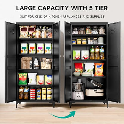 Metal Storage Cabinet with Doors and Shelves,Metal Pantry Cabinet,Black Craft Storage Cabinet,Ventilated Pantry Storage Cabinet,Tall Large Closet Cupboard for Home,Kitchen,Dining/Living/Laund - WoodArtSupply