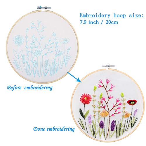 Kissbuty Embroidery Starter Kit with 3 Pcs Fabric & Patterns, Bamboo Hoop, Color Threads Tools (Plants Flowers)
