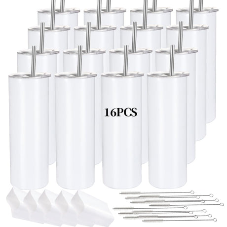 YOUKE OLA 16 Pack Sublimation Tumblers Straight Skinny Tumbler Blanks Bulk 20oz for Heat Transfer, Individual Gift Boxed, Double Wall Insulated Tumbler with Shrink Wrap & Straws YOUKE OLA