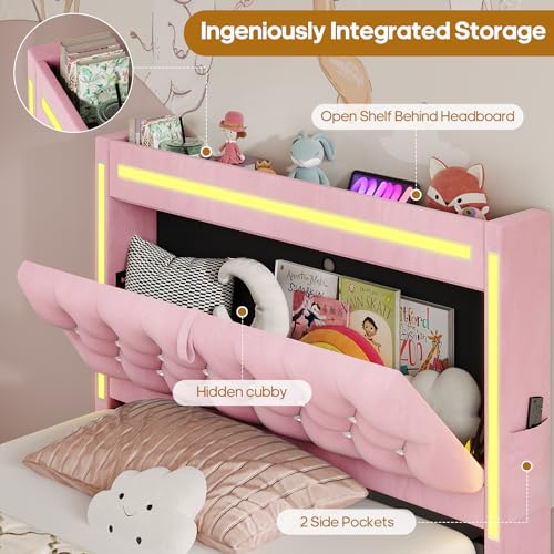 HAUOMS Twin Bed Frame with 3 Drawers, Storage Headboard with Charging Station & LED Lights, Velvet Upholstered Twin Size Girl Bed with Heavy Duty Metal Slats, No Box Spring Needed, Noise Free, Pink HAUOMS