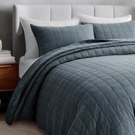 EVERGRACEHOME 100% Cotton Box Stitch Quilt Bedding Set King Size 3 Pieces, Garment-Washed Lightweight Soft Cozy Coverlet, Oversized Quilted Bedspread Sets with 2 Shams for All Season, Midnight Blue EVERGRACEHOME
