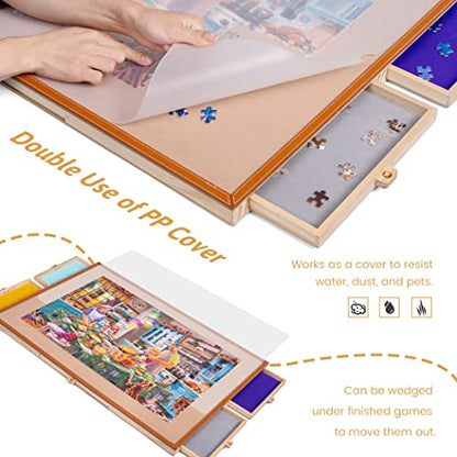 Tektalk Jigsaw Puzzle Table with Leather Bar, Wooden Plateau Portable Puzzle Board Saver with Embedded Adjustable Stand/Bracket and Removable Cover, 4 Sorting Drawers, for Up to 1500 Pieces - WoodArtSupply