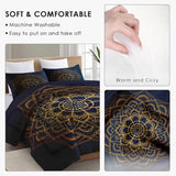 WeCozy Queen Size Comforter Set with 2 Pillowcases, Navy Blue Boho Gold Mandala Soft 3 Pcs Bedding for Kids and Adults Bedroom Bed Decor WeCozy