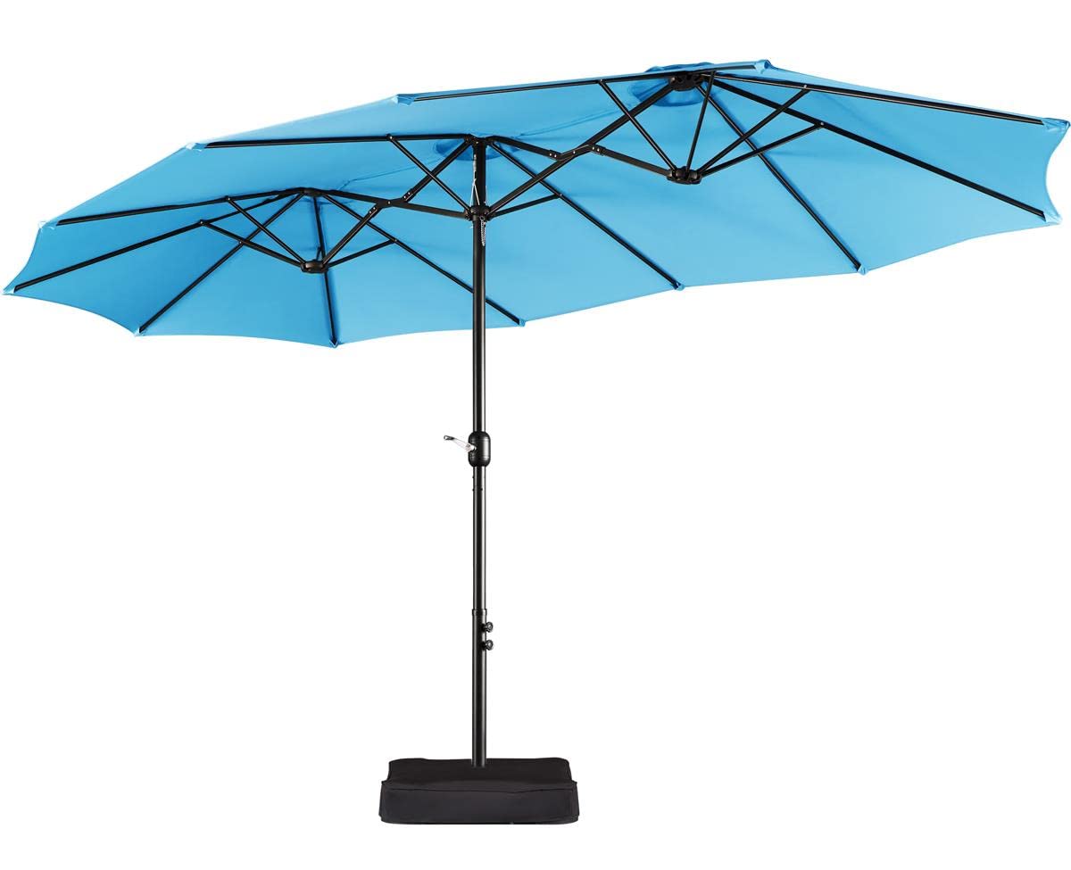 Yaheetech 15 ft Triple-size Patio Umbrella w/Base Included - Market Extra-Large Double Sided Umbrella - Twin-size Patio Parasol w/Easy Crank & 12 Strong Ribs & Ventilation Openings,Sky Blue Yaheetech