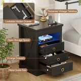Lvifur Farmhouse Nightstand with Gun Drawer, Human Sensor LED Bedside Table with LED Lights & Charging Station, Rustic Wood Sofa Side End Table with 3 Drawers for Bedroom (Black) Lvifur