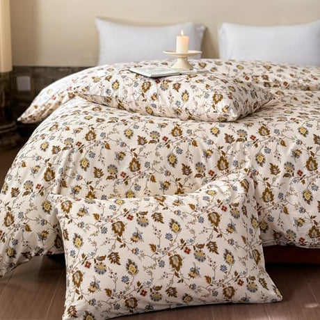 Helthep Floral Duvet Cover Full, 100% Cotton Khaki Floral Printed Duvet Cover Pattern Comforter Cover Full, 3PCS Khaki Botanical Vintage Flower Bedding for Full Size Bed(No Comforter) Helthep