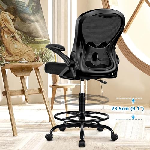 Winrise Drafting Chair, Tall Office Chair Ergonomic Standing Desk Chair, Lumbar Support Computer Chair Swivel Task Rolling Chair with Adjustable Flip-up Armrests & Foot Ring (Black) Winrise