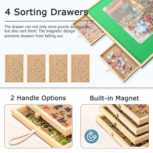 Fanwer Puzzle Table with Drawers 1500 Piece, Jigsaw Puzzle Tabe with Legs Adjustable Angle & Height, Tilting Puzzle Tables for Adults with Cover Plsatic, Gift for Mothers' Day, Birthday Gift Fanwer