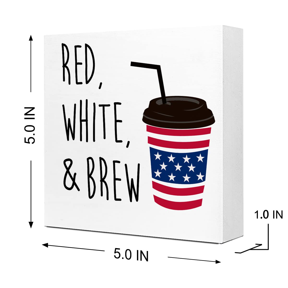 Funny Red White and Brew American Flag Coffee Patriotic Wooden Plaque Sign Desk Decor,Retro 4th of July Wood Block Sign Desk Decorations for Home Bedroom Living Room Office Shelf Table Decor Ruvoty