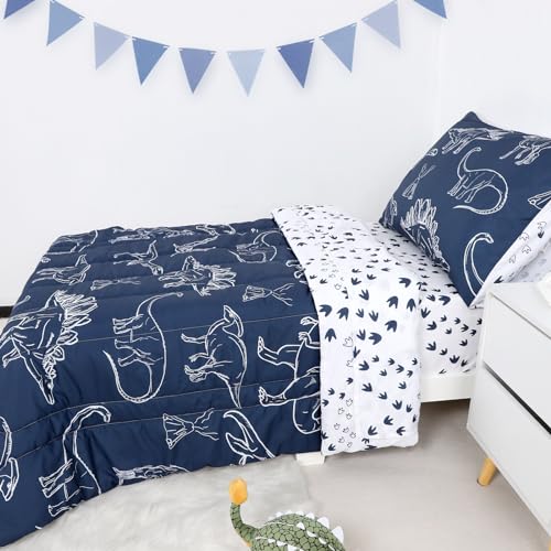 Jundetye 4 Pieces Dinosaur Toddler Bedding Set for Boys, Soft Breathable Toddler Comforter Set, Dino Print Navy, Includes Reversible Comforter, White Fitted Sheet and Flat Sheet, Pillowcase Jundetye
