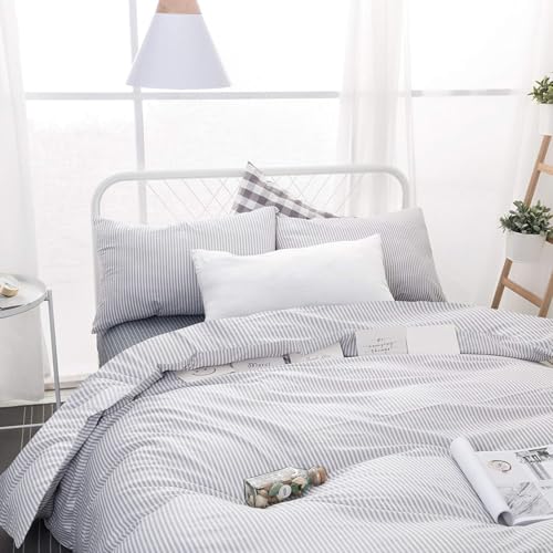Wake In Cloud - Striped Comforter Set, 100% Cotton Fabric, Ticking Stripe Vertical Pinstripe Neutral Farmhouse Aesthetic, 3 Pieces Bedding Set, Gray, King Size Wake In Cloud