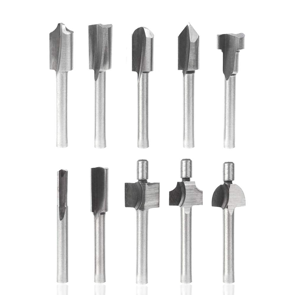 Saiper 10pcs HSS Carpentry Router Bits 1/8 Inch( 3mm ) Shank Engraving Bits Fit for Dremel Foredom Rotary Tools Set for Edge Grooving Wood Deburring Engraving and Milling Saipor