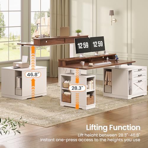 SEDETA Farmhouse Electric Standing Desk, 55" Height Adjustable Computer Desk with 3 Drawers, File Cabinet, Storage Shelves, Power Outlets, Wood Home Office Desk for Work, Study, Writing, White SEDETA