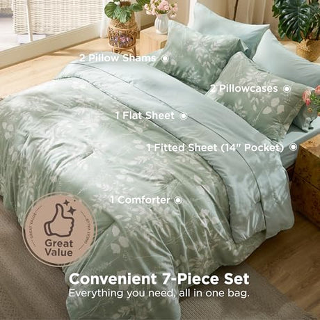 Bedsure Full Size Comforter Set - 7 Pieces Floral Sage Green Soft Bedding Sets, Full Bed in a Bag with Botanical Flowers Comforter, Sheets, Pillowcases & Shams Bedsure