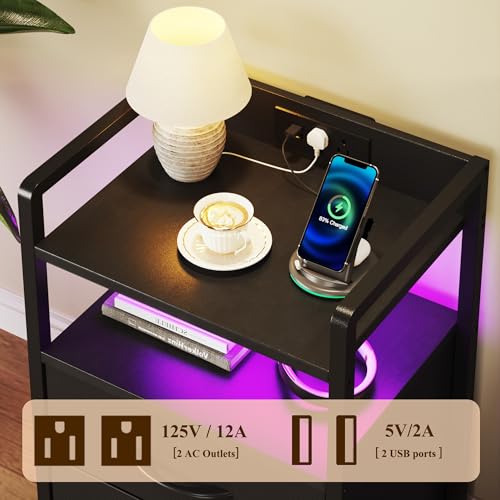 HONGOUZWL Night Stand with Charging Station, LED Nightstand with Storage 2 Shelfs & 2 Fabric Drawers, Morden End Table with U-S-B Ports & AC Outlets, Black HONGOUZWL