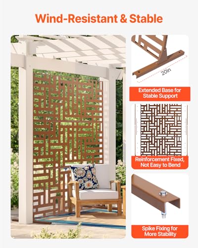 VEVOR Metal Privacy Screen, 36" W x 72" H, Outdoor Privacy Screens & Panels, Freestanding Outdoor Divider with Stand, 3-Panel Decorative Garden Steel Privacy Fence for Balcony Patio Indoor Room Brown VEVOR