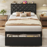 Fluest Twin Bed Frame with Storage Drawer, Upholstered Headboard Button Tufted Bed Frame with Charging Station, No Box Spring Needed, Noise-Free, All Metal Structure, Black Fluest