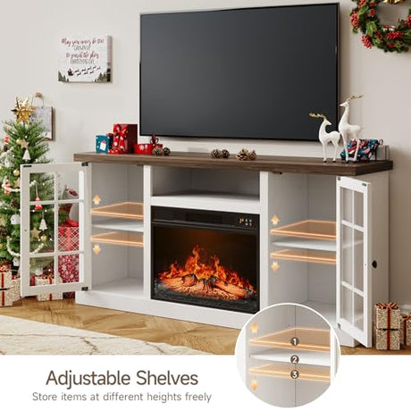 ONBRILL 59 Inch Fireplace TV Stand, Entertainment Center with 23 Inch Electric Fireplace, TV Table for TVs up to 65 Inches, Media Console Cabinet with Storage and Glass Doors for Living Room, White ONBRILL