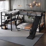 MERITLINE Queen Over Twin(XL) L-Shaped Metal Bunk Bed with Desk and Slide, Heavy Duty Triple Bunk Bed with Storage Shelves, Space-Saving and Quiet Design, Black MERITLINE