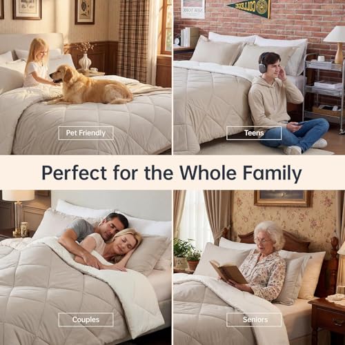 JOLLYVOGUE King Size Comforter Set, Soft Reversible Bedding for All Seasons, 3 Pieces Down Alternative Bed Set Includes 1 Lightweight Comforter (104"x90") and 2 Pillow Shams (20"x36"), Beige & Ivory JOLLYVOGUE