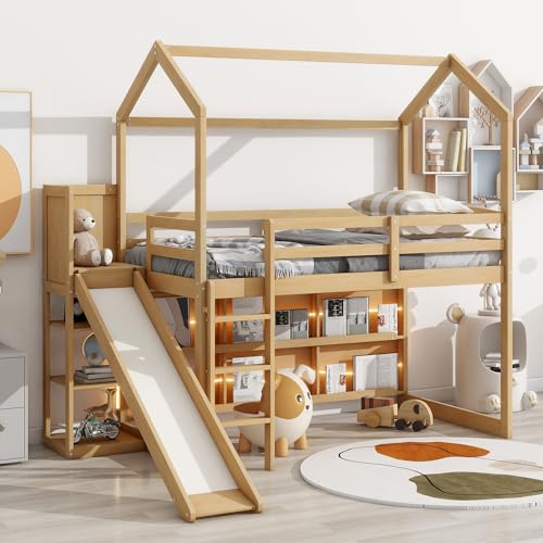 Harper & Bright Designs Kids Twin House Loft Bed with Slide, Storage Shelves, and LED Light - WoodArtSupply