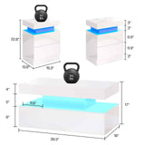 LUXOAK 3 Pieces Living Room Table Set, Modern High Gloss Coffee Table Set with LED Light and Storage Space, 2 End Side Tables with Charging Station for Living Room, Office, White LUXOAK