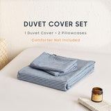 Wake In Cloud - Striped Cotton Duvet Cover Set, 100% Washed Cotton Textured Percale Bedding Set, Ticking Stripe Pinstripe Farmhouse, 3 Pieces, Denim Blue, Full Size Wake In Cloud