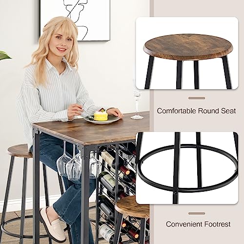 COSTWAY 5-Piece Bar Height Dining Set, 4-Person Table and Stools with Wine Racks & Glass Holders, Kitchen Breakfast Set for Home, Coffee Shop, Rustic Brown & Black COSTWAY