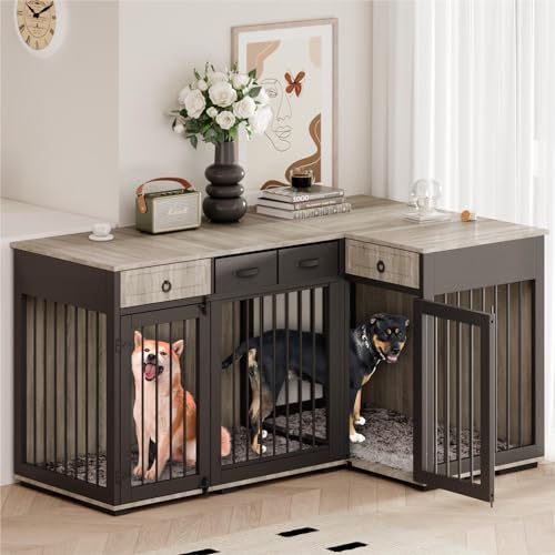 68" Dog Crate Furniture for 2 Dogs,Indoor L-Shaped Corner Wooden Furniture Style Combined Dog Crate Kennel with Fabric Drawers&Removable Divider for Small to Medium Dogs,Can Use Separately