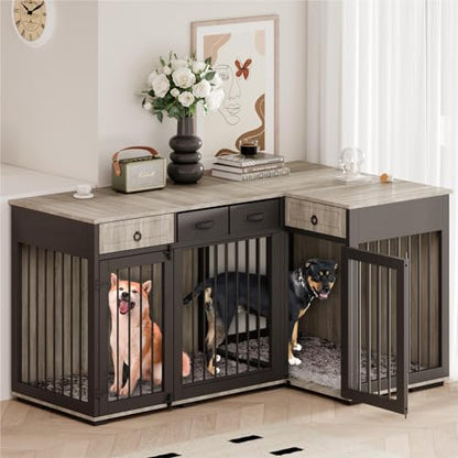 68" Dog Crate Furniture for 2 Dogs,Indoor L-Shaped Corner Wooden Furniture Style Combined Dog Crate Kennel with Fabric Drawers&Removable Divider for Small to Medium Dogs,Can Use Separately