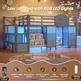 VIAGDO Low Loft Bed Twin Size with 9 Storage Drawers, Bookcase and LED Lights, Metal Kids Loft Bed with Wide Staircase, Open Shelves and Safety Guardrail, Twin Loft Bed with Under-Bed Playhouse, Grey VIAGDO