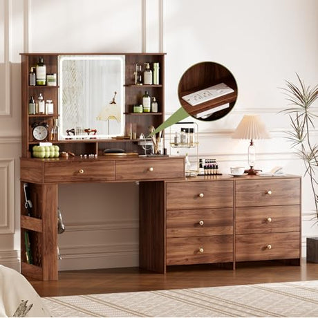 YYJ Makeup Vanity Desk with Large Mirror and Lights&Charging Station,3 Lighting Modes,Desk Vanity with 8 Storage Drawers and 8 Shelves,Makeup Table for Bedroom,Dressing Table with Nightstand,Walnut YYJ