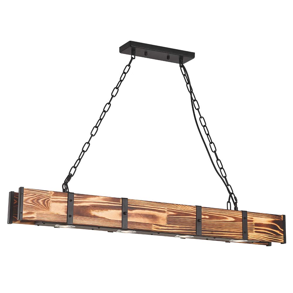 Maxax 4 Lights Kitchen Island Lighting, Led 4000K Farmhouse Linear Chandelier for Dining Room Pool Table Pendant Light Fixture, Rustic Wood Grain Finish, 39.3'' Industrial Pendant Light, Bulb Include Maxax