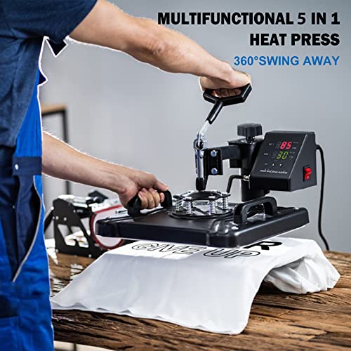TOPDEEP 5 in 1 Heat Press Machine, 12x15 inch Swing Away Heat Press for Sublimation, T Shirt Pressing Machine Multifunction, Heat Press Transfer Machine Combo for T-Shirt Hat Cap Mug Plate Cap Topdeep