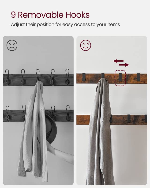 VASAGLE Coat Rack, Hall Tree with Shoe Bench for Entryway, Entryway Bench with Coat Rack, 4-in-1, with 9 Removable Hooks, a Hanging Rod, 13.3 x 28.3 x 72.1 Inches, Rustic Brown and Black UHSR40B VASAGLE