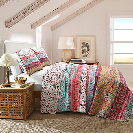 Boho Style Twin Size Quilt Set Reversible Bohemian Floral Strip Quilt Beddding Set, Soft and Lightweight Bedspread for All Season,XL Twin Bed Coverlet with 1 Matching Pillow Sham (2 Pieces) HORIMOTE HOME