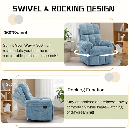 Korser Recliner Chair, Swivel Rocker Recliner Chair for Adults, Small Recliners for Small Spaces, Manual Recliner Chair with Side Pockets, Nursery Rocking Chair for Living Room, Chenille, Airy Blue