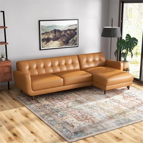 ASHCROFT Elva Mid Century L-Shaped Genuine Leather Right Facing Chaise Sectional, Light Brown Tufted Tight Back Sectional Sofa for Living Room Waiting Area Office Apartment Dorm Home, Tan ASHCROFT