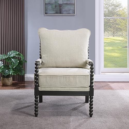 OSP Home Furnishings Eliza Spindle Accent Chair, Linen Fabric with Black Wood OSP Home Furnishings