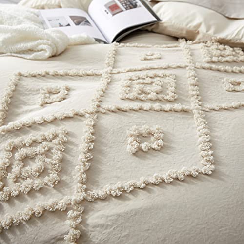 Oli Anderson Tufted Duvet Cover Queen Size, Soft and Lightweight Duvet Covers Set for All Seasons, 3 Pieces Boho Embroidery Shabby Chic Bedding Set (Beige, Queen, 90" x 90") Oli Anderson