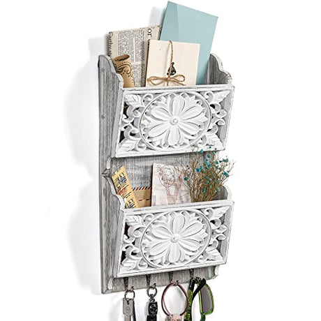 Dhmkfly 2-Slot Mail Organizer Wall Mount with 4 Key Hooks, Rustic Key and Mail Holder for Wall Decorative, Wooden Key Hangers Wall File Organizer Letter Sorter for Letter Magazines Keys Dhmkfly
