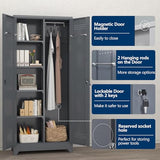 NICEGDLT Metal Storage Cabinet with Lock,72" Garage Storage Cabinets with Hanging Rod & S-Hooks,Large Storage Cabinet with Shelves,Locking Tool Utility Closet for Home,Garage,Utility Room,Dark Grey NICEGDLT