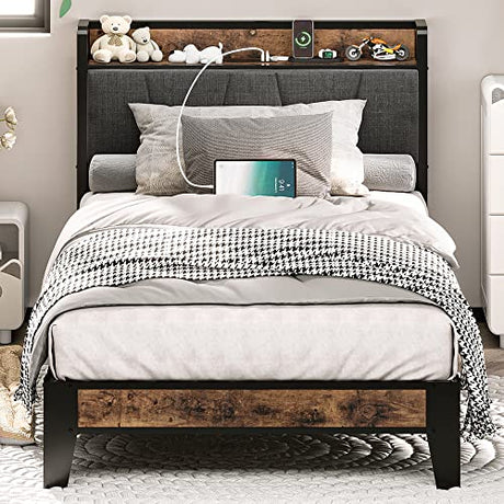 LIKIMIO Twin Bed Frames, Storage Headboard with Charging Station, Solid and Stable, Noise Free, No Box Spring Needed, Easy Assembly LIKIMIO