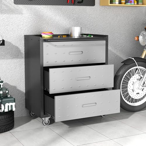 BIZOEIRON Metal Storage Cabinet with Wheels, Rolling Tool Cabinet, Garage Storage Cabinet with 3 Drawer for Tools, Assembly Required (Black/Grey) BIZOEIRON