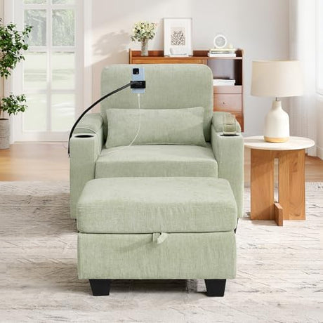 Small Chaise Lounge Chair Indoor with Ottoman&Adjustable Backrest,Chenille Tufted Recliner Comfy Sofa Chair with USB,Phone Holder&Storage Arms,Convertible Sleeper Couch Bed for Living Room(37"W,Cyan) Duigonp
