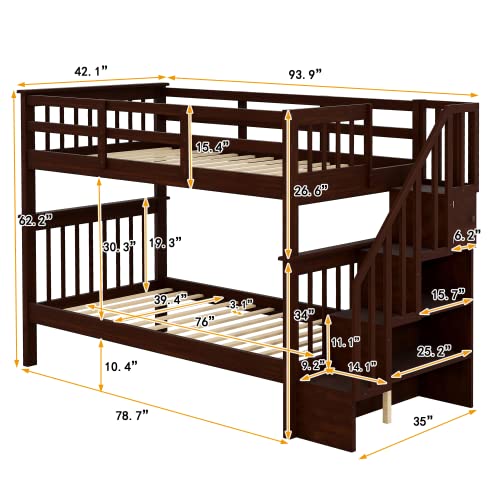 Ball & Cast Twin-Over-Twin Bunk Bed with Storage Ladder and Full-Length Guard Rail,Wood Bunkbed w/Slat Support,Space Saving,Bedframe Furniture for Student Dorms,Studio,Espresso Ball & Cast